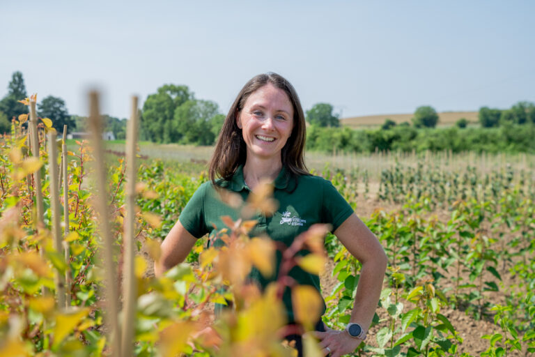 Olivia Beaumont, pépiniériste aux Fruitiers d'Émile en Anjou, en tenue de travail dans sa pépinière de fruitiers